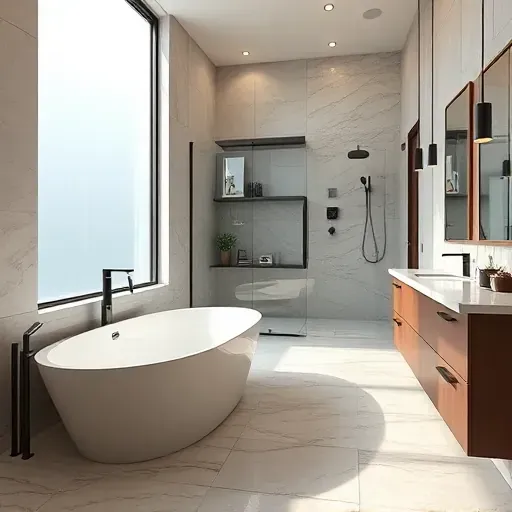 Modern Arlington TX bathroom remodel featuring a freestanding tub, marble countertops, and spacious walk-in shower.