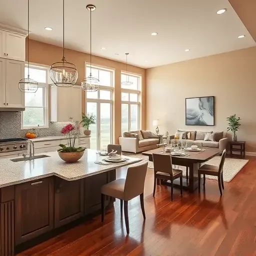 Modern open-concept kitchen in Euless TX featuring granite countertops, stainless steel appliances, and stylish decor.