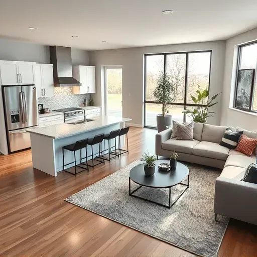 Modern kitchen and living area in Denton TX, featuring high-end appliances, custom cabinets, and natural light.