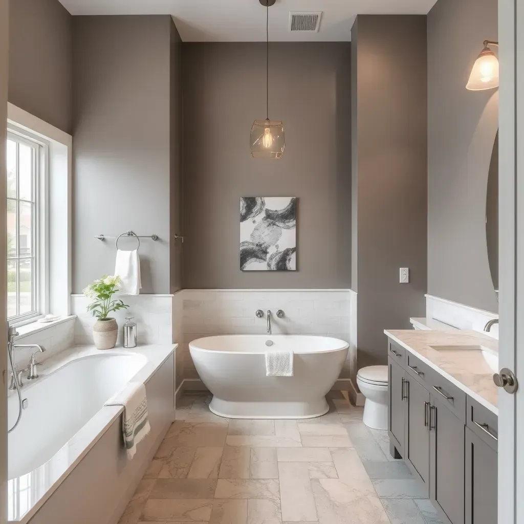 Modern bathroom in Coppell, TX featuring a soaking tub, walk-in shower, double vanity, natural light, and elegant design elements.
