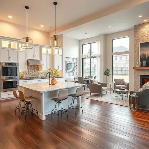 A modern kitchen and living area in Burleson, TX, featuring white cabinets, granite island, and cozy decor.