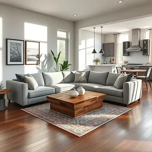 Modern living room remodel in Haltom City TX with plush sofa, reclaimed wood table, and gallery wall artwork.