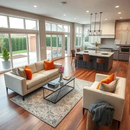 Stylish open-concept living area in Allen TX featuring hardwood floors, large windows, and modern kitchen design.