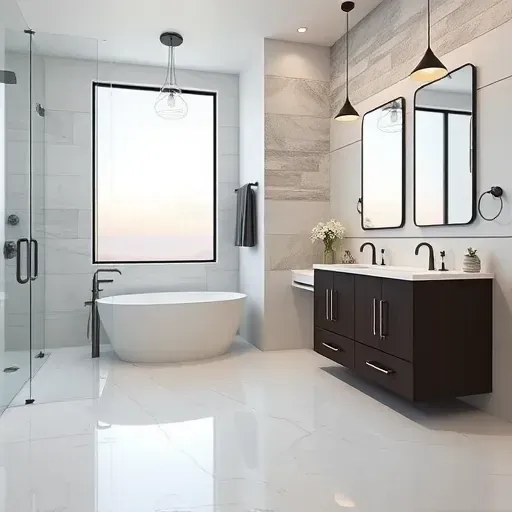 Renovated Watauga TX bathroom with marble flooring, glass shower, freestanding bathtub, dark wood double vanity, and natural light