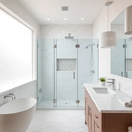 Freshly renovated bathroom in Prosper TX with modern fixtures, walk-in shower, marble countertops, and elegant details.