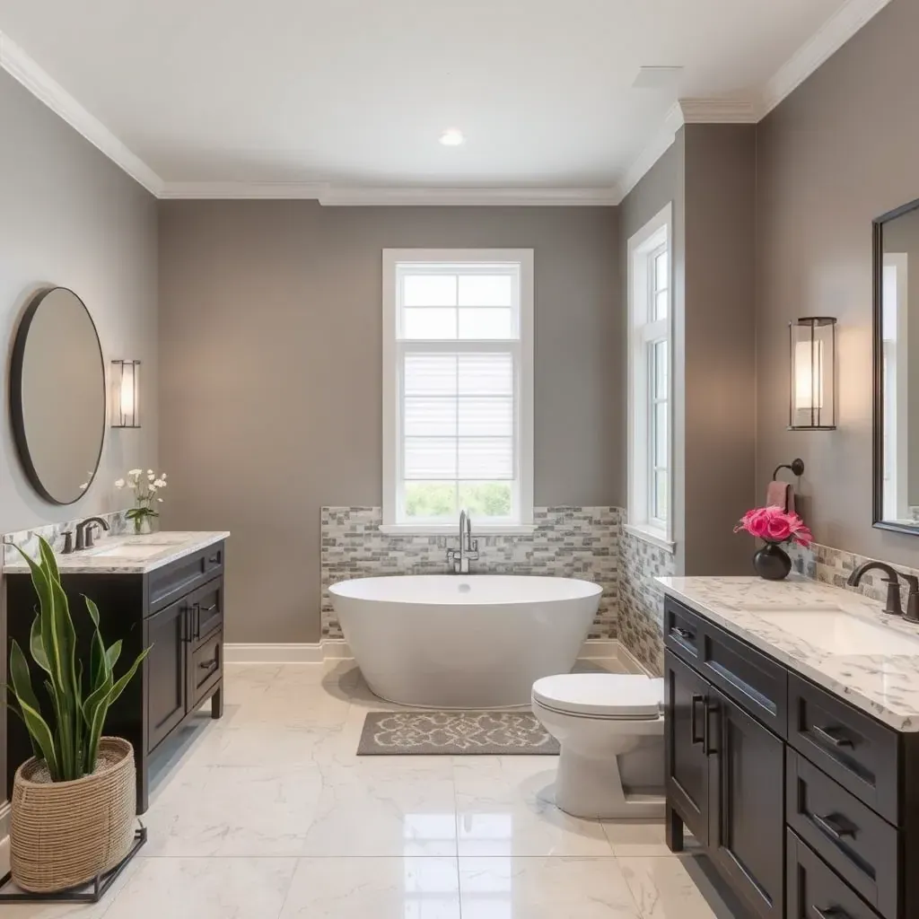 Modern Little Elm, TX bathroom with glass shower, quartz vanity, wooden accent wall, freestanding tub, and sleek fixtures.