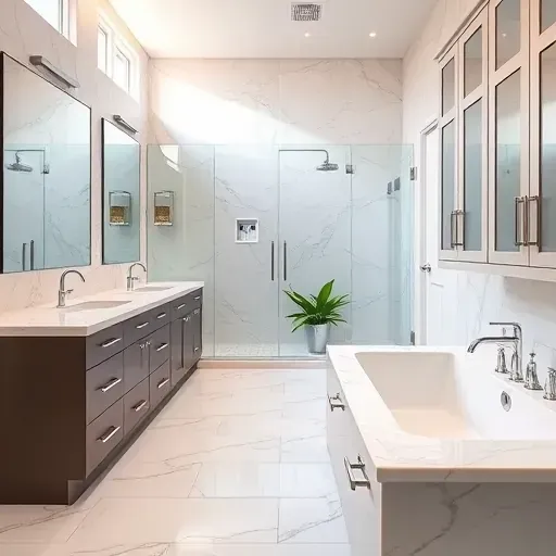 Renovated Arlington TX bathroom with sleek fixtures, glass shower, marble countertops, and stylish storage cabinets.