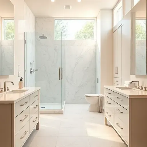 Beautiful remodeled bathroom in Lewisville, TX with modern fixtures, walk-in shower, marble counters, and natural lighting.