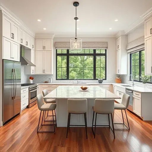 Stunning kitchen remodel in Mansfield TX features modern cabinetry, marble countertops, bright lighting, and serene outdoor views.
