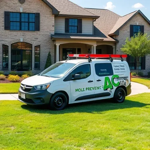Modern mold prevention service vehicle with branding parked in a tidy Arlington Texas yard with a stylish suburban home
