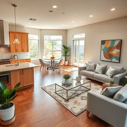 Modern open-concept living area in Keller TX, featuring elegant kitchen, vibrant decor, and natural light-filled ambiance.