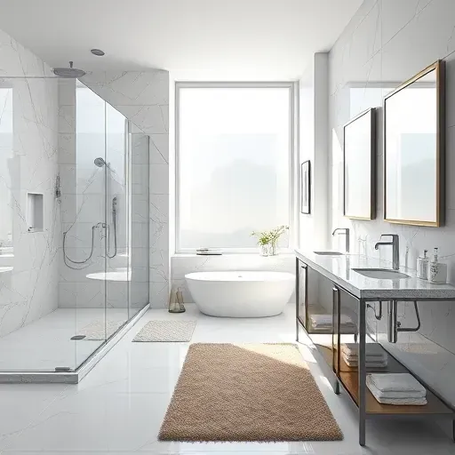 Remodeled bathroom in Flower Mound TX with modern fixtures, walk-in shower, and elegant design elements.