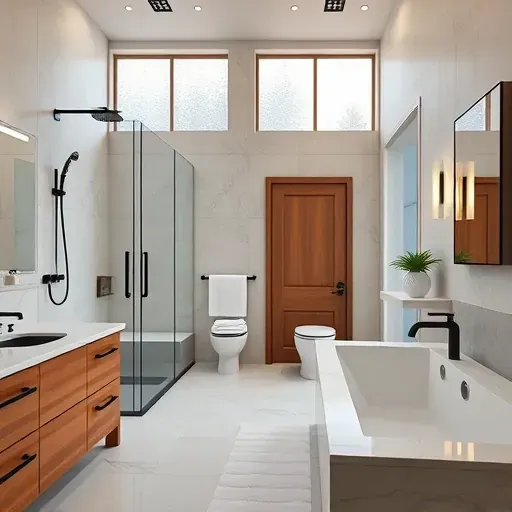 Professionally remodeled bathroom in Duncanville TX featuring modern fixtures, frameless shower, marble countertops, and elegant lighting.