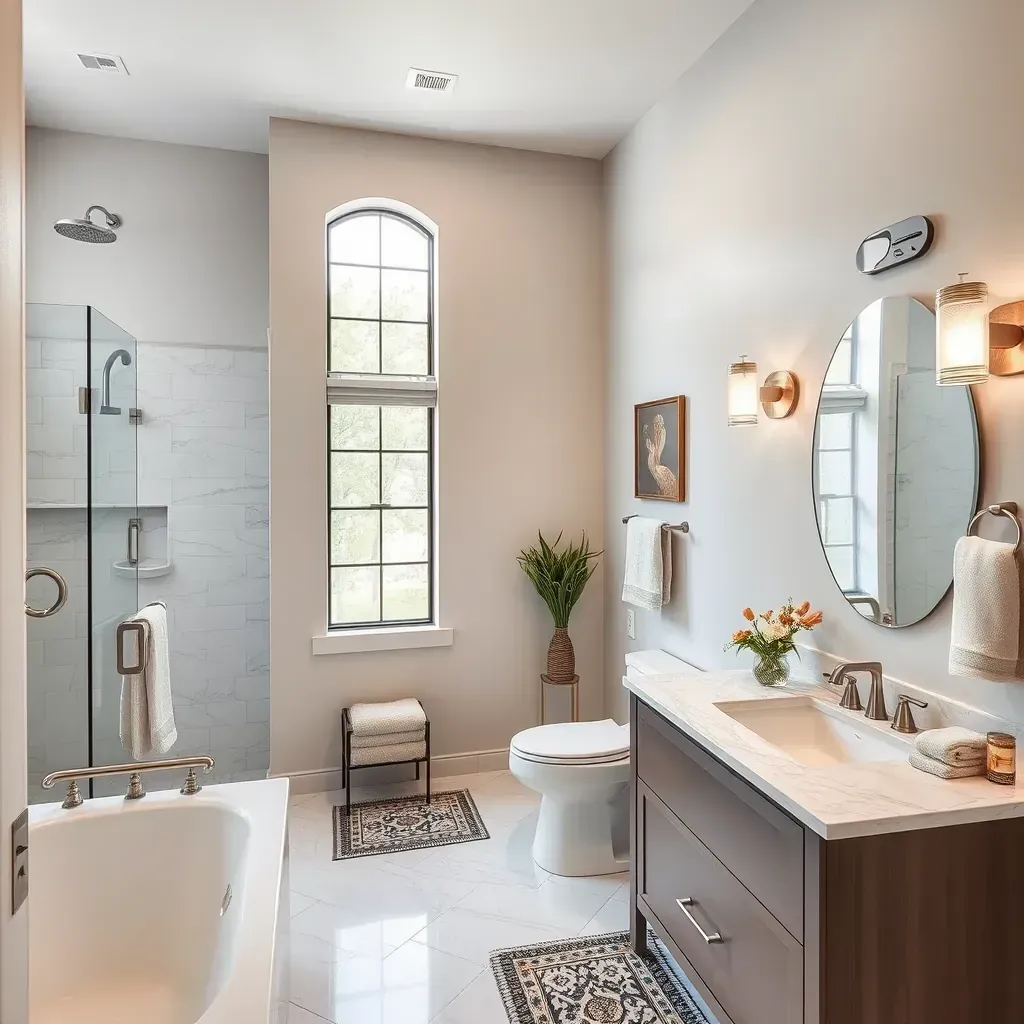 Modern bathroom in Hurst, TX featuring neutral tones, a frameless shower, marble vanity, soaking tub, and warm lighting.