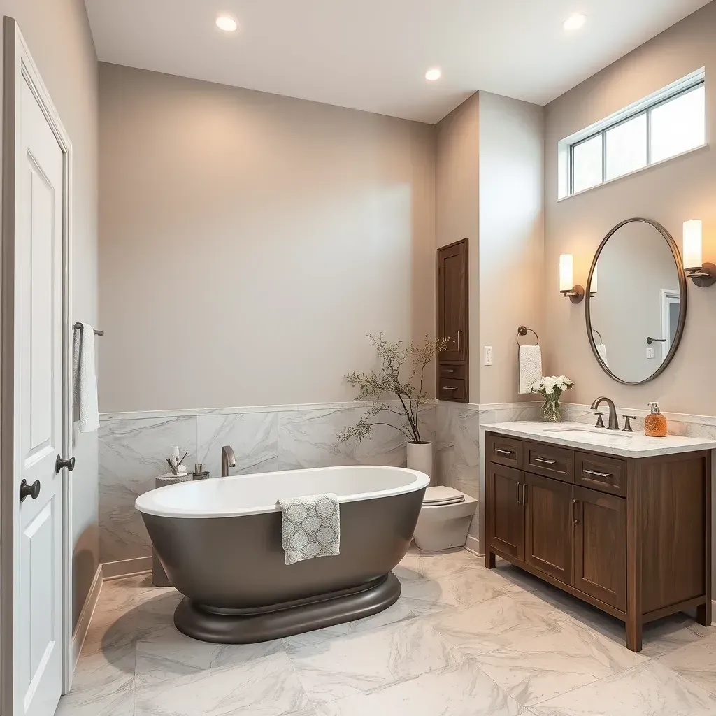 Spacious Keller, TX bathroom with large tiles, soaking tub, glass shower, double vanity, and modern decor.