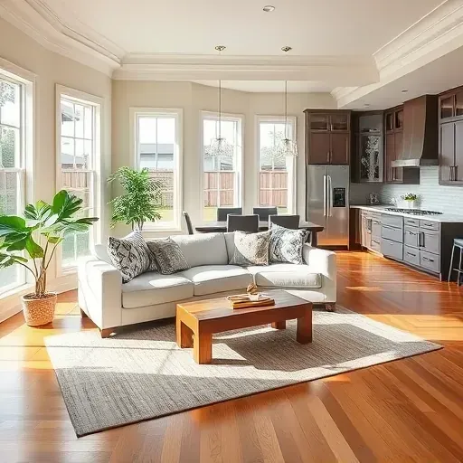 Beautifully renovated Mansfield TX living room with natural light, modern decor, and sleek kitchen design.