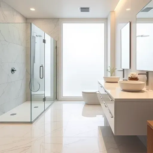 Modern Denton, TX bathroom with walk-in shower, glass doors, quartz countertops, floating vanity, and marble flooring.