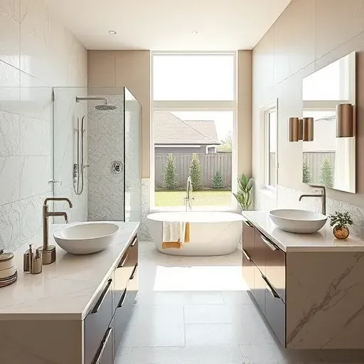 Remodeled bathroom in Burleson TX with modern fixtures, glass shower, freestanding tub, and elegant marble details.