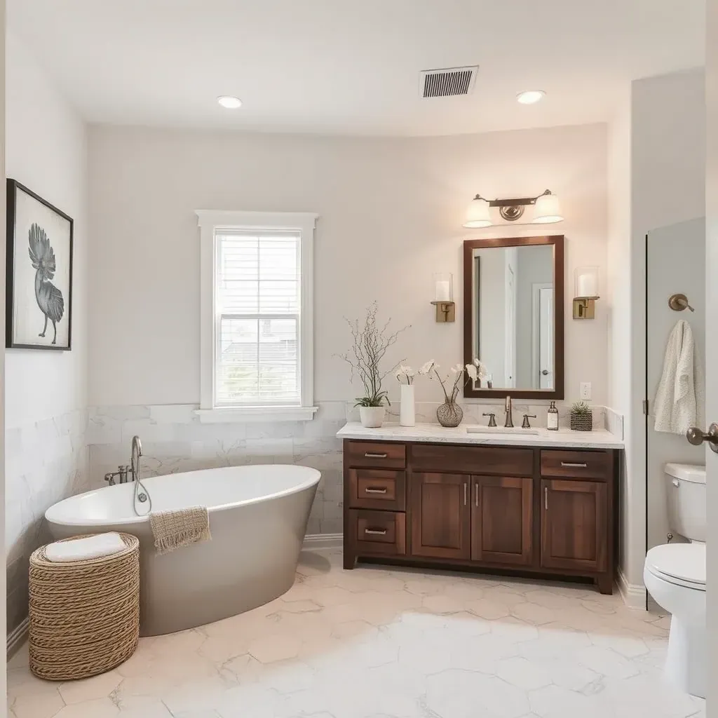 Modern bathroom in The Colony, TX with marble countertops, dark wood cabinetry, glass shower, freestanding tub, and natural light.