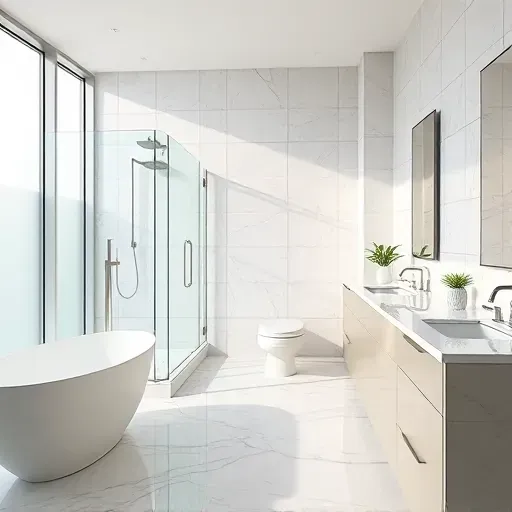 Remodeled bathroom in Argyle TX with glass shower freestanding tub double vanity marble floors neutral tones