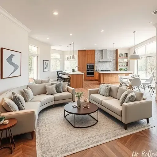 Elegant contemporary living room in Irving, TX, featuring neutral tones, spacious layout, modern decor, and natural light.