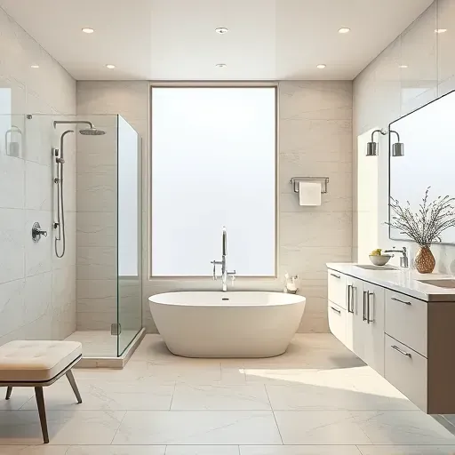 Renovated bathroom in Hurst TX with modern chrome fixtures, marble countertops, walk-in shower, and freestanding tub.