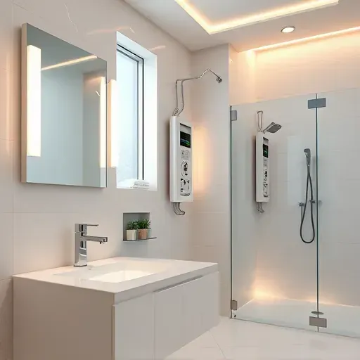 Pristine Arlington TX bathroom with sleek fixtures, integrated LED lighting, concealed wiring, frosted glass windows, and chrome accents