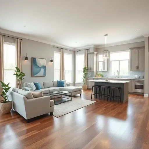 Beautifully remodeled living room in Highland Village, TX with hardwood floors, soft gray walls, and modern kitchen design.