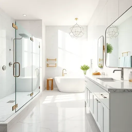 Modern remodeled bathroom in Mansfield TX featuring a walk-in shower, freestanding tub, marble dual vanity, and sleek fixtures