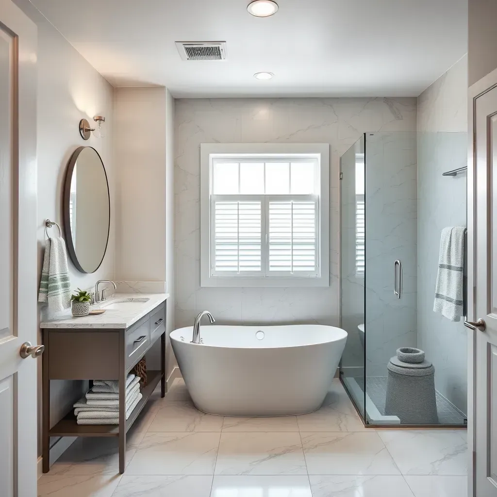Beautifully renovated Richardson, TX bathroom with a walk-in shower, freestanding tub, double vanity, and stylish fixtures.