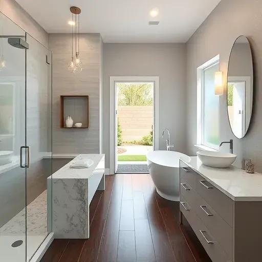 Remodeled Flower Mound TX bathroom with glass shower, soaking tub, quartz countertops, hardwood floors and landscaped view