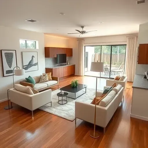 Luxurious modern living room with hardwood floors, sleek furniture, large windows, stylish decor, and open-concept kitchen.