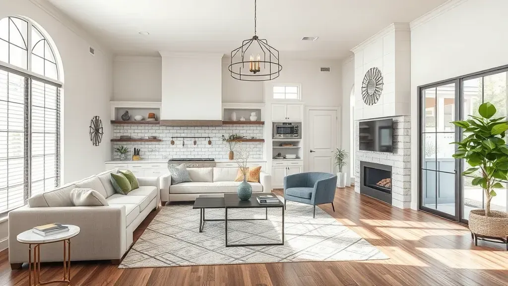 Modern remodeled home in Grapevine, TX featuring a bright living room, neutral decor, large windows, and outdoor patio.