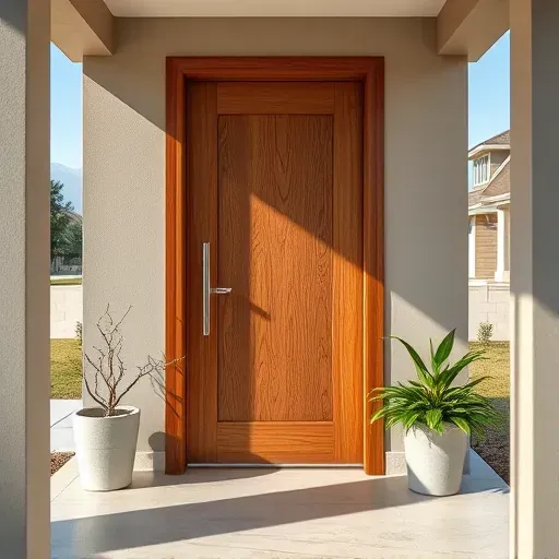 Newly installed wooden door with detailed grain and modern handle in Arlington TX residential entryway with polished porch