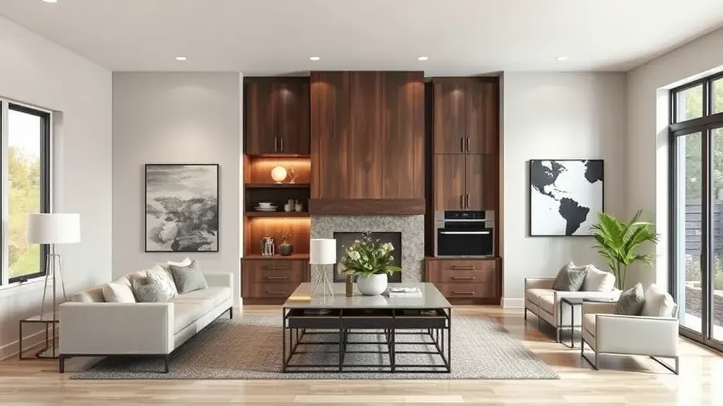 Renovated living room in The Colony, TX with modern decor, hardwood floors, large windows, and view of landscaped backyard.