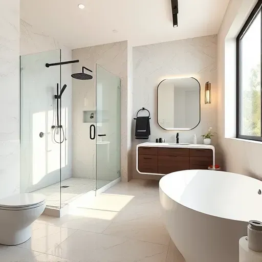 Remodeled bathroom in Euless TX featuring modern fixtures, marble tiles, walk-in shower, soaking tub, bright natural light