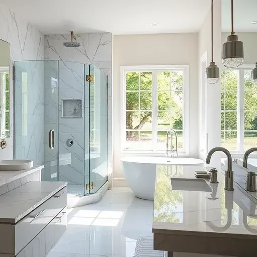 Beautiful renovated Trophy Club bathroom with modern fixtures, marble countertops, glass shower, freestanding tub, and lush greenery view