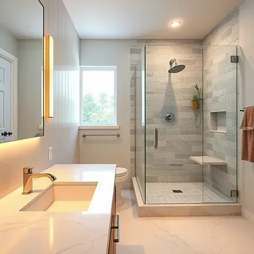 Renovated Euless bathroom with marble countertops, brushed nickel fixtures, glass shower, neutral tiles, and warm lighting.