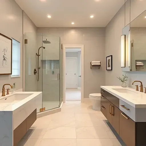 Renovated Trophy Club, TX bathroom with modern fixtures, walk-in shower, marble countertops, sleek cabinetry, and polished tiles.