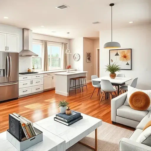 Modern kitchen and living area in Irving TX featuring white cabinets, quartz island, hardwood floors, and stylish decor.