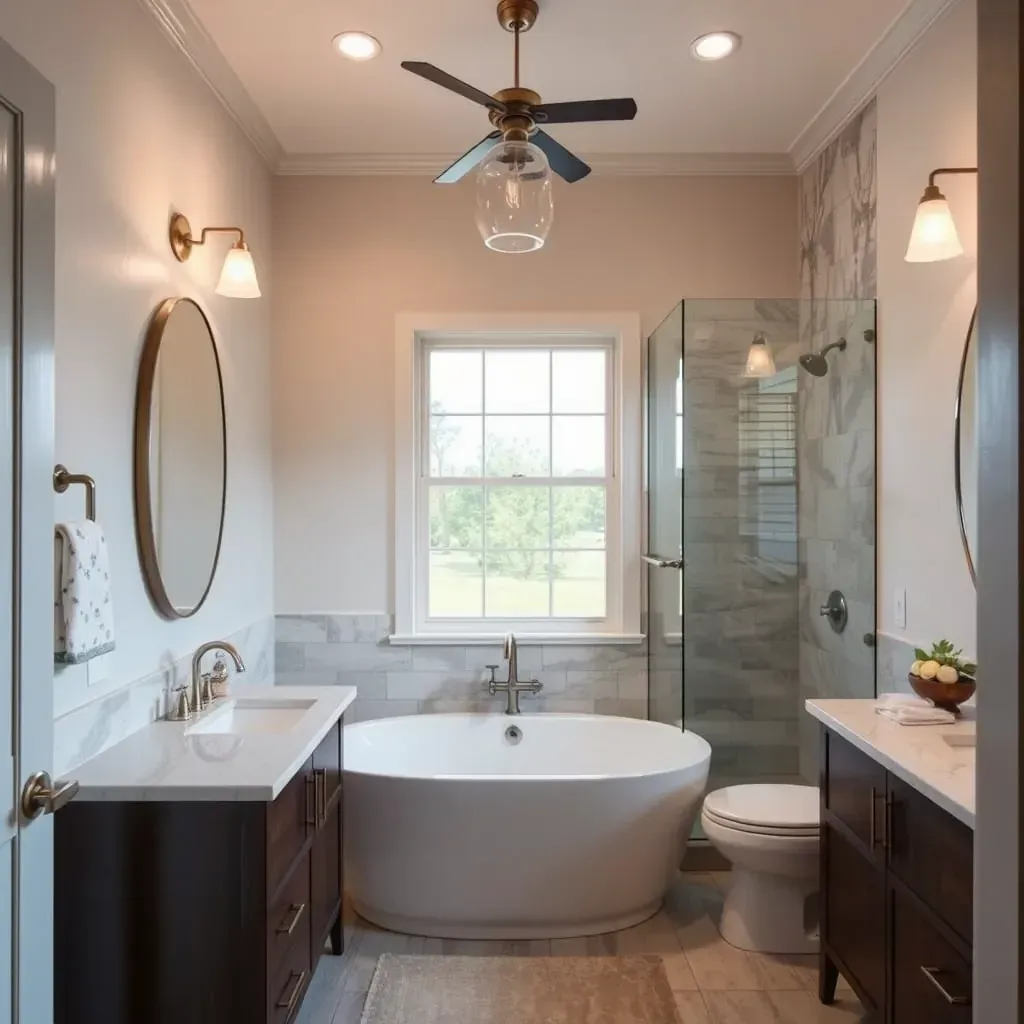 Luxurious Grapevine, TX bathroom with walk-in shower, freestanding tub, double vanity, natural lighting, and modern design.