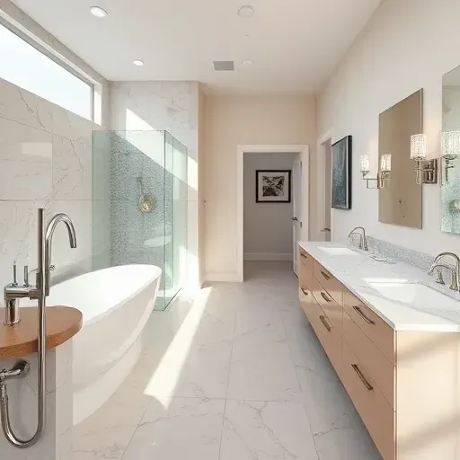 Remodeled bathroom in Denton Texas with modern fixtures, glass shower, soaking tub, double marble vanity, and elegant design