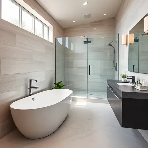 Remodeled Frisco TX bathroom with a white bathtub, walk-in shower, dark countertop vanity, marble floors, and modern decor