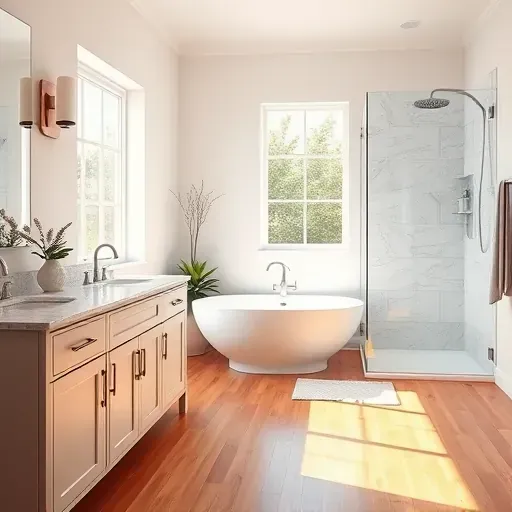 Remodeled Fort Worth bathroom with modern fixtures, soaking tub, glass shower, marble counters, and bright natural sunlight.