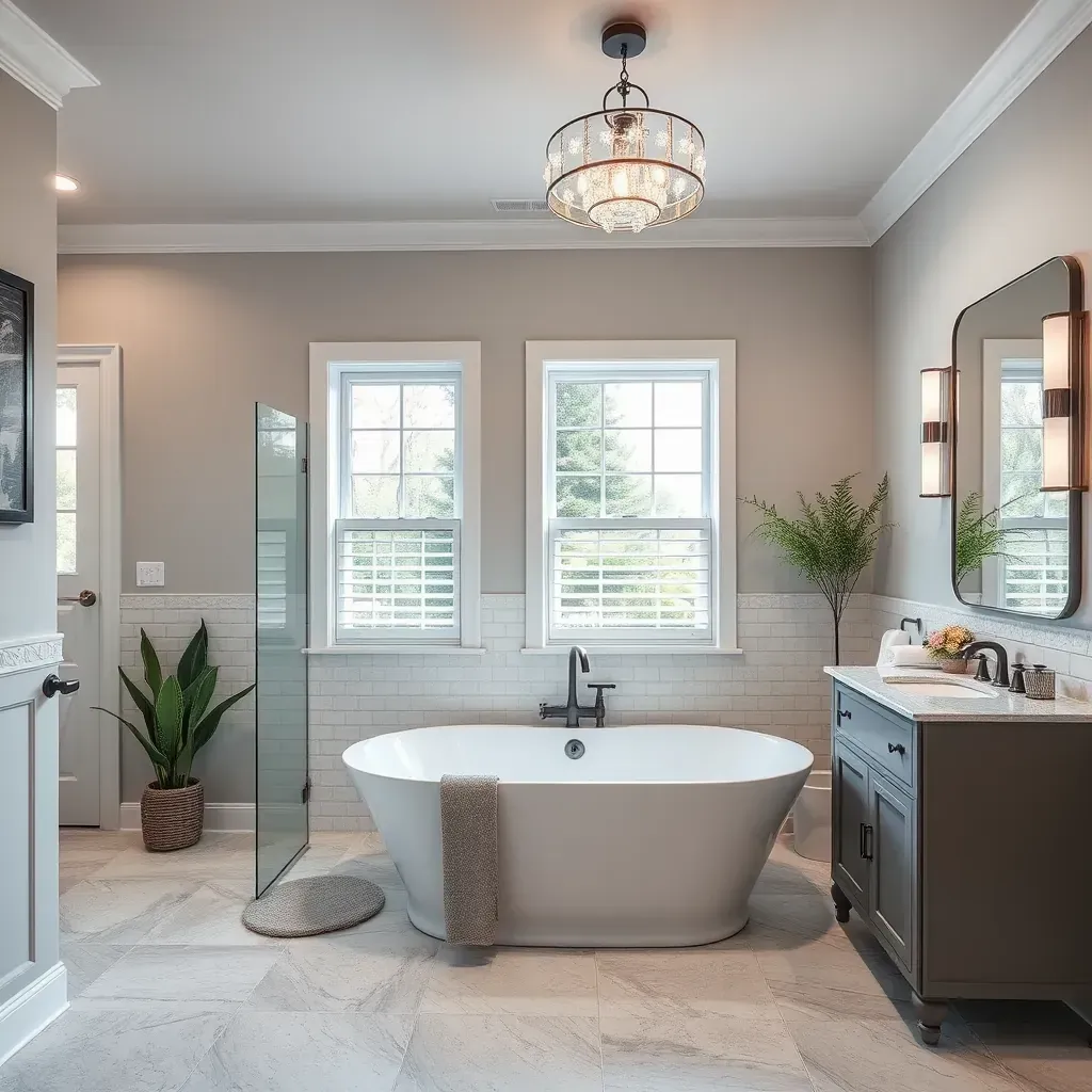 Remodeled Westlake, TX bathroom with modern fixtures, walk-in shower, soaking tub, quartz counters, and lush views.