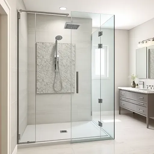 Recently renovated Arlington TX shower with modern glass enclosure, chrome fixtures, rainfall showerhead, stone accent wall and neutral tiles