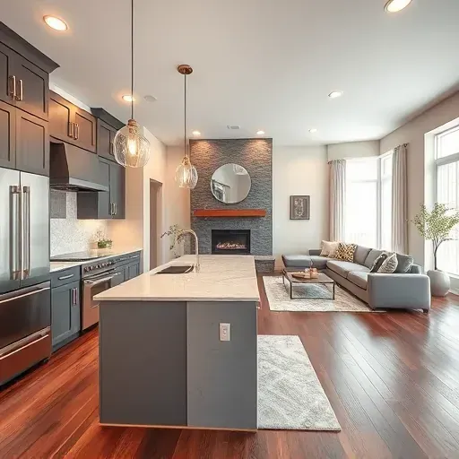Modern kitchen in Lewisville TX with sleek cabinets, marble island, cozy living area, and inviting decor accents.