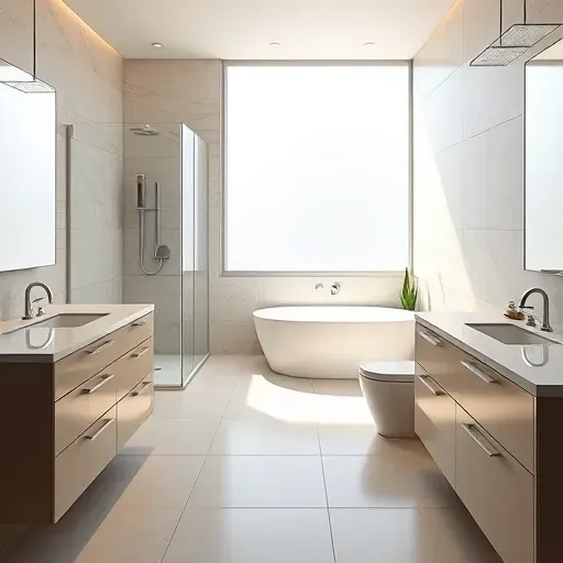 Renovated bathroom in Hurst Texas with modern fixtures, glass shower, freestanding tub, stylish cabinetry, natural light, and elegant tiles