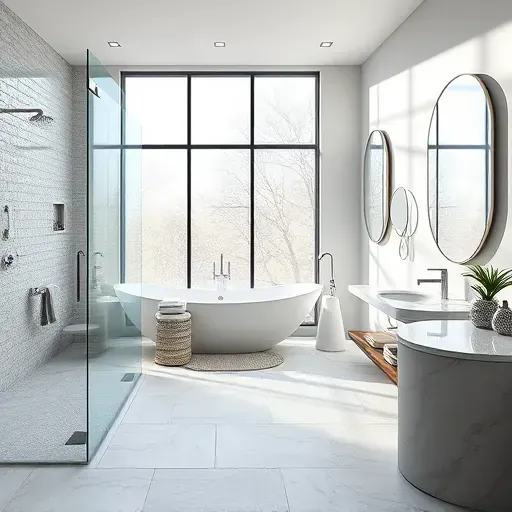 Renovated Southlake bathroom with modern fixtures, soaking tub, marble vanity, textured tiles, and abundant natural light.