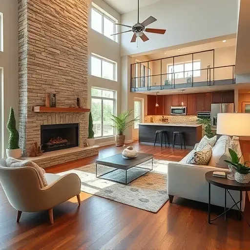 Remodeled Colleyville living room with modern design, hardwood floors, gray sofa, fireplace, and open-concept kitchen.
